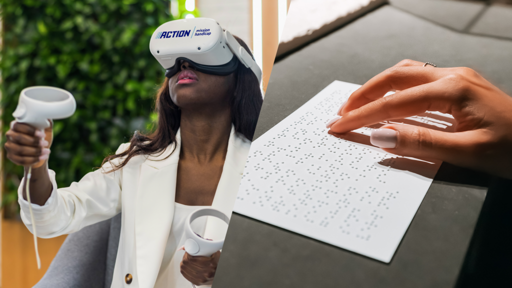femme portant un casque vr et mains lisant du braille